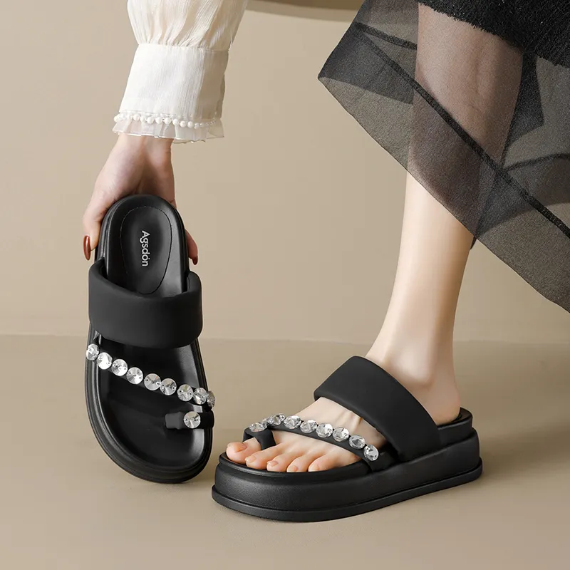 AGSDON Metal Leather Patchwork Quiet Slide Slippers 5.5cm Women's-8