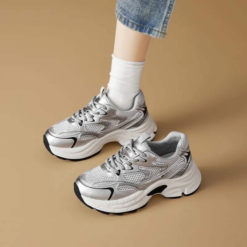 AGSDON Low Top Chunky Sneakers Women's Silver-2