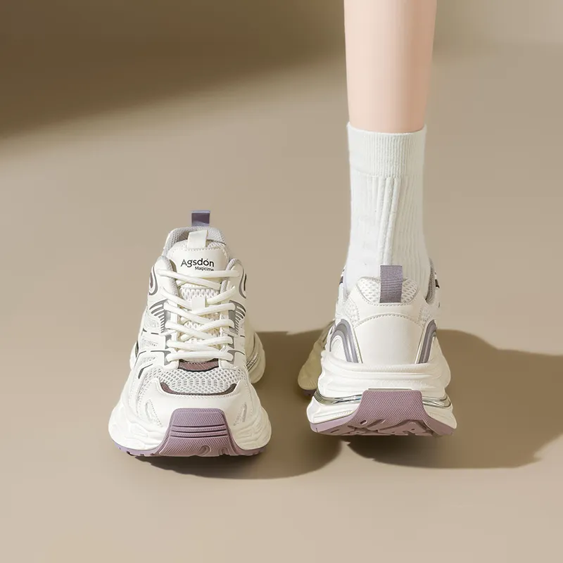 AGSDON Chunky Sneakers Women's Low Top Champagne/Beige Purple/Silver-11