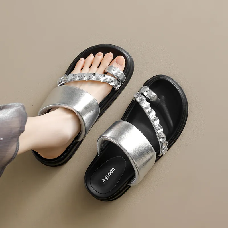 AGSDON Metal Leather Patchwork Quiet Slide Slippers 5.5cm Women's-4