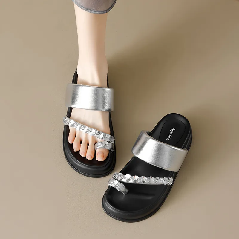 AGSDON Metal Leather Patchwork Quiet Slide Slippers 5.5cm Women's-5