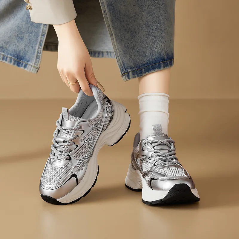 AGSDON Low Top Chunky Sneakers Women's Silver-3
