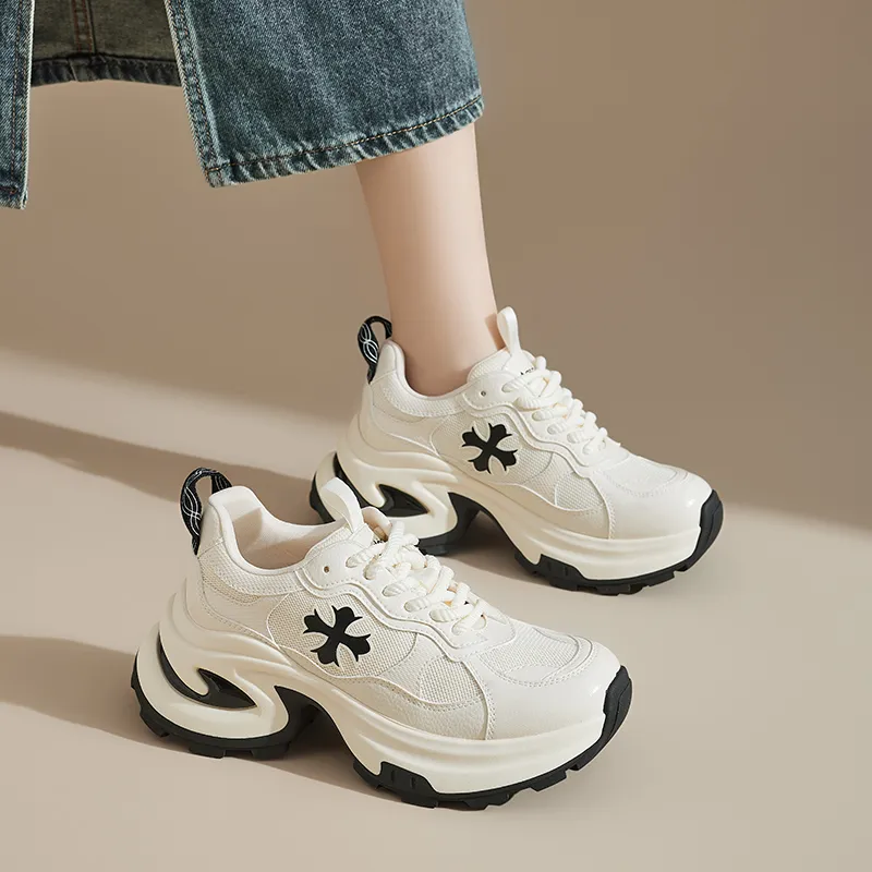 AGSDON Lightweight Low Top Chunky Sneakers 6.5cm Women's Beige Black-4