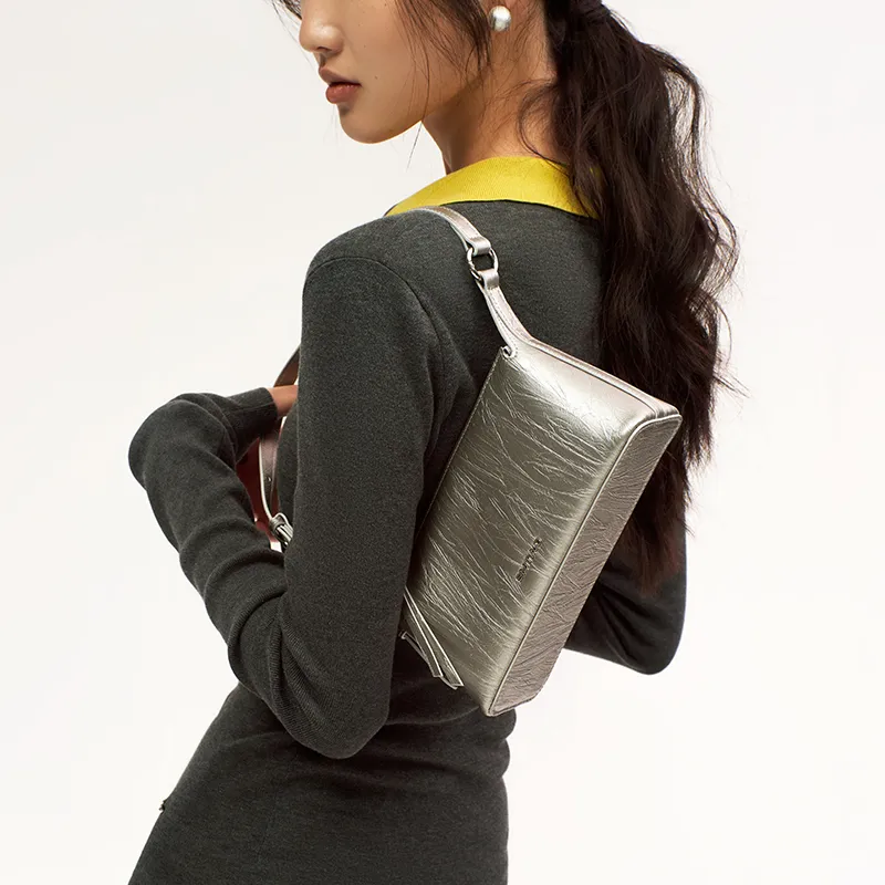 Simedin Cow Leather Crossbody Bag Small Square Baguette Bag Regular Small Size Women's Silver Gray/Deep Black-2