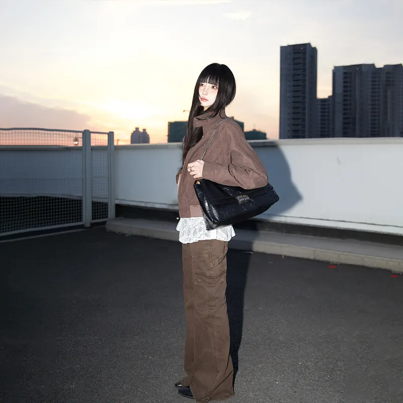 Simedin Top Grain Cow Leather Shoulder Bag Small Size Large Size Women's Deep Black-2