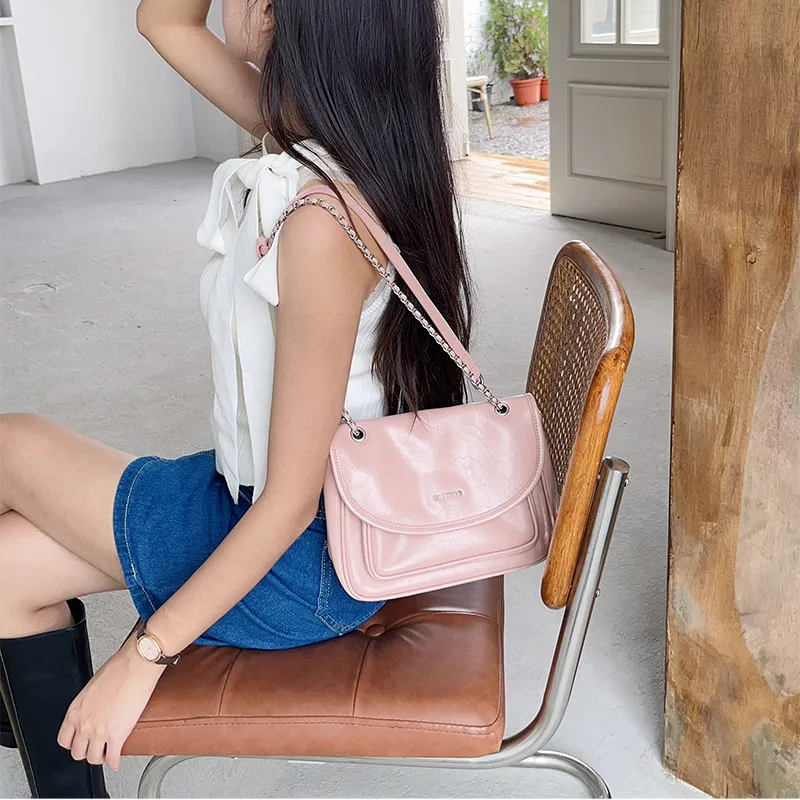 Simedin Cow Leather Small Square Bag Shoulder Bag Women's Cherry Blossom Pink/Ecru/Deep Black-3