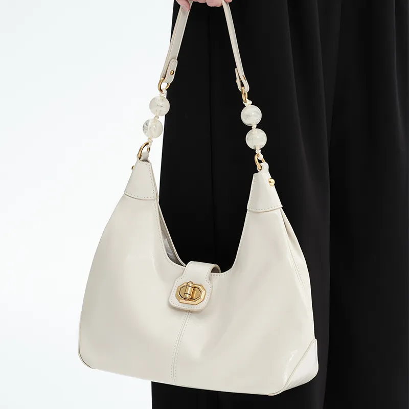 Simedin Split Cow Leather Shoulder Bag, Crossbody Bag, Handbag Women's Milk White/Deep Black-1