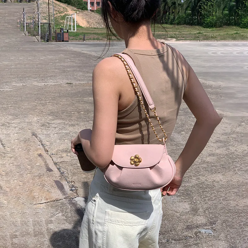 Simedin Cow Leather Shoulder Bag, Crossbody Bag Trumpets Women's Ecru/Deep Black/Cherry Blossom Pink-10