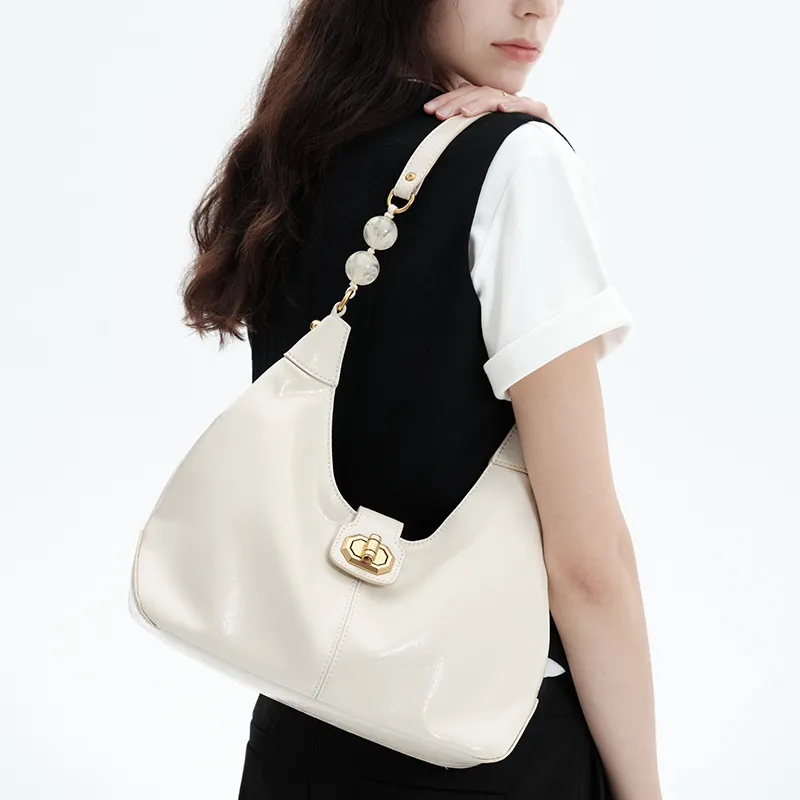 Simedin Split Cow Leather Shoulder Bag, Crossbody Bag, Handbag Women's Milk White/Deep Black-2