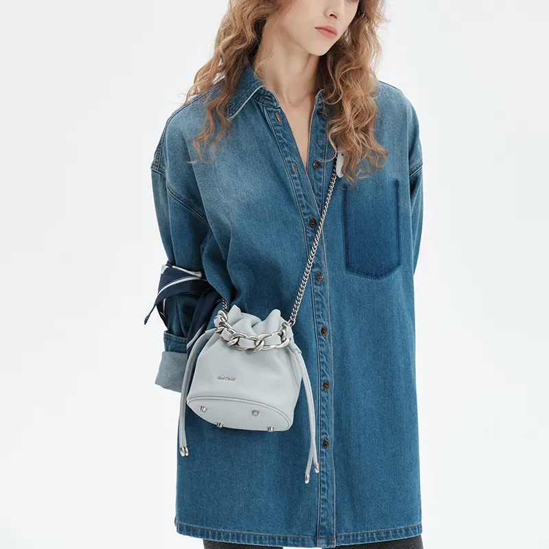 Simedin Split Cow Leather Bucket Bag, Shoulder Bag, Handbag Regular Women's Haze Blue/Cherry Blossom Pink-7