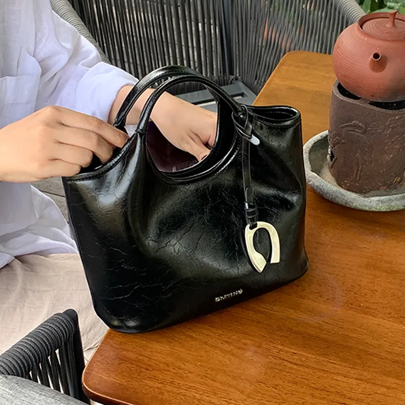 Simedin Cow Leather Bucket Bag Handbag Women's Antique Silver/Deep Black-4