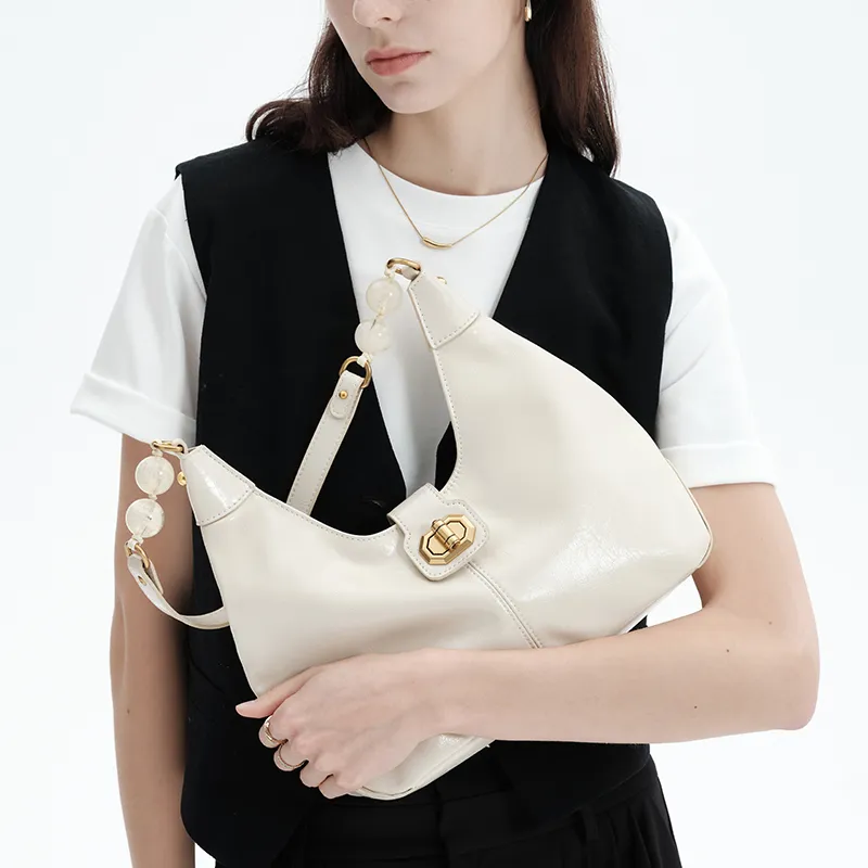 Simedin Split Cow Leather Shoulder Bag, Crossbody Bag, Handbag Women's Milk White/Deep Black-3