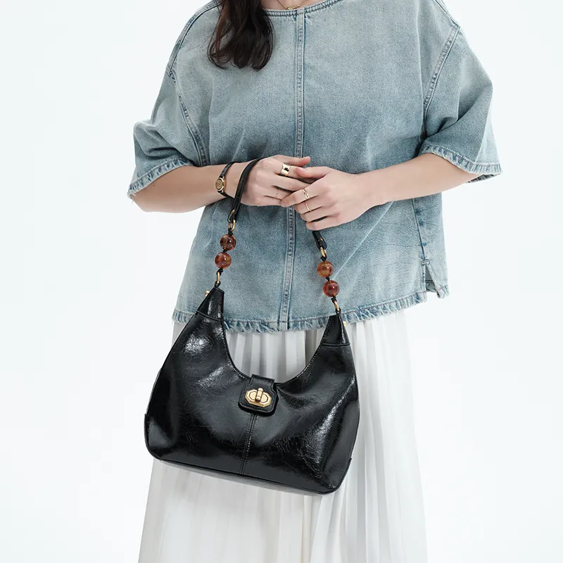 Simedin Split Cow Leather Shoulder Bag, Crossbody Bag, Handbag Women's Milk White/Deep Black-12