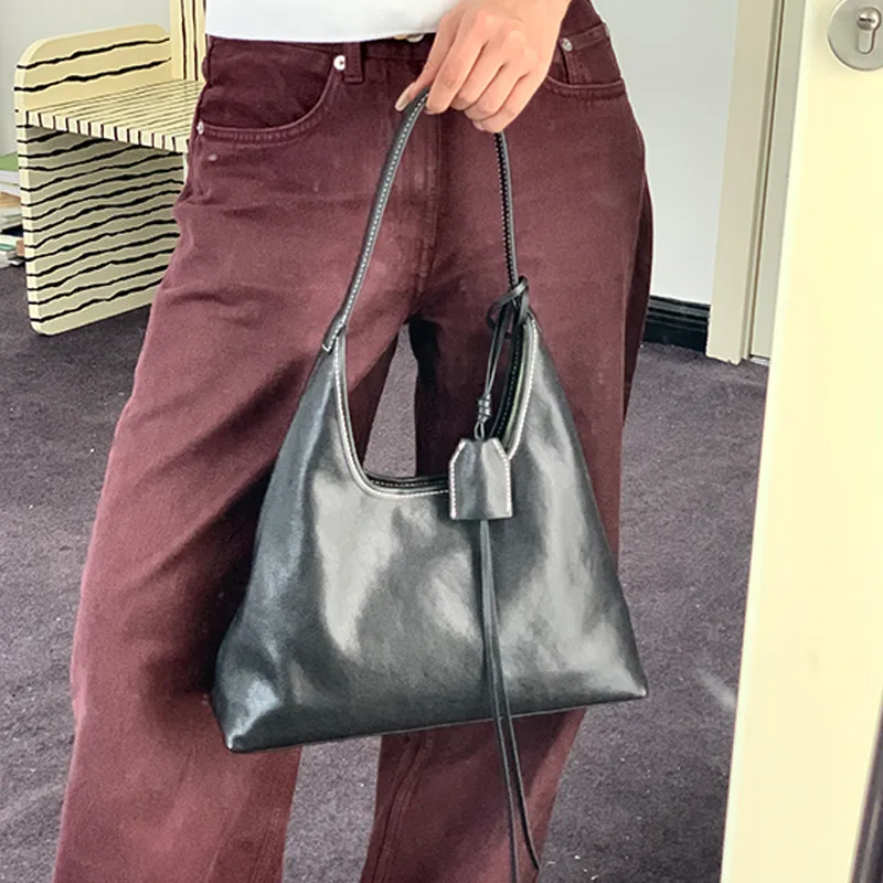 Simedin Top Grain Vegetable Tanned Cow Leather Tote Bag, Shoulder Bag Medium Size Women's Deep Black/Coffee Brown-2