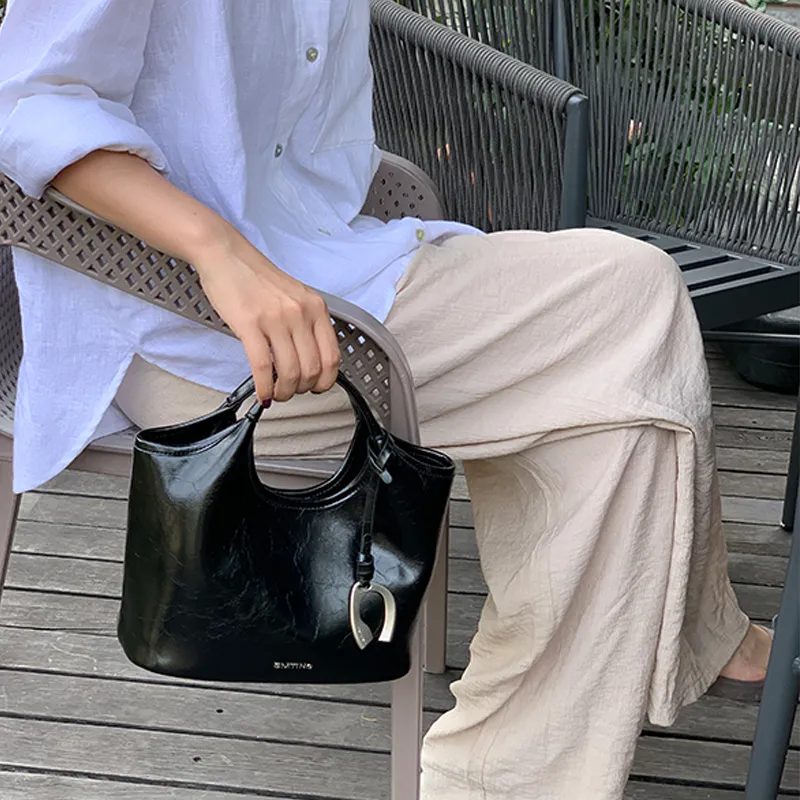 Simedin Cow Leather Bucket Bag Handbag Women's Antique Silver/Deep Black-5