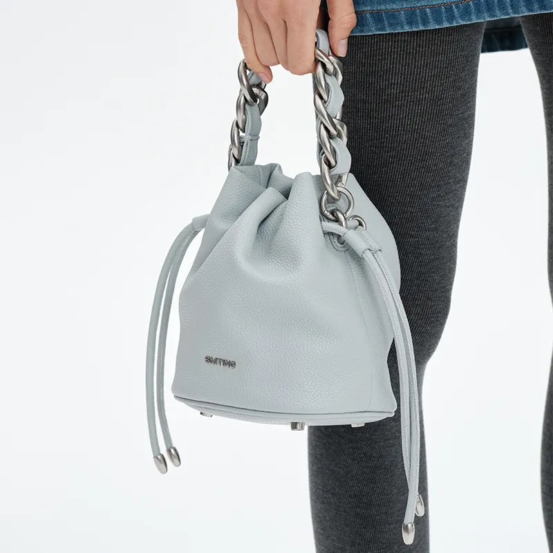 Simedin Split Cow Leather Bucket Bag, Shoulder Bag, Handbag Regular Women's Haze Blue/Cherry Blossom Pink-2