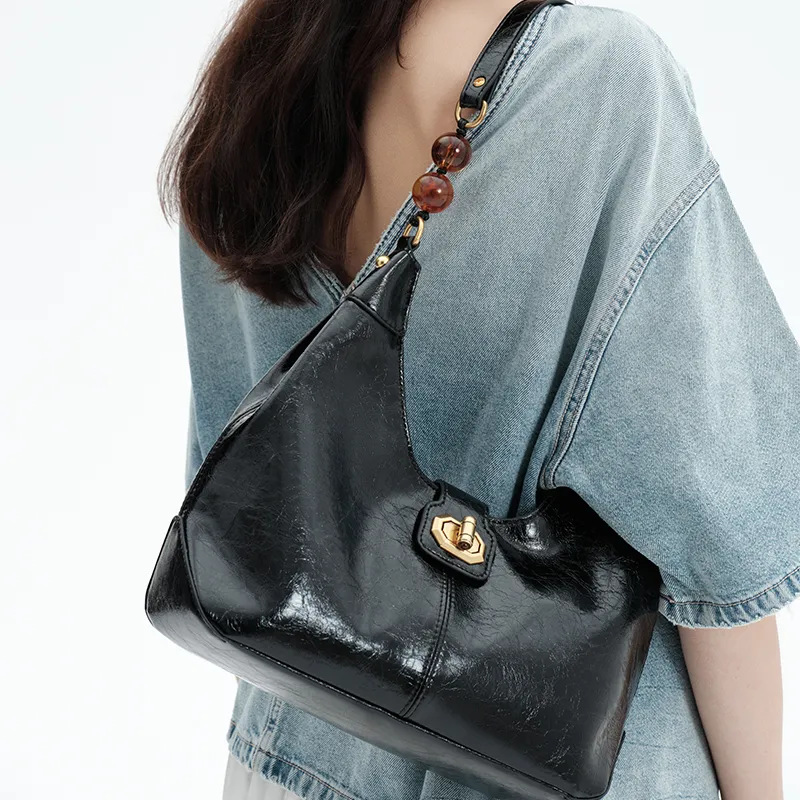 Simedin Split Cow Leather Shoulder Bag, Crossbody Bag, Handbag Women's Milk White/Deep Black-10