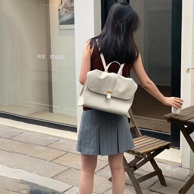 Simedin Cow Leather Backpack Medium Size Women's Deep Black/Ecru-8