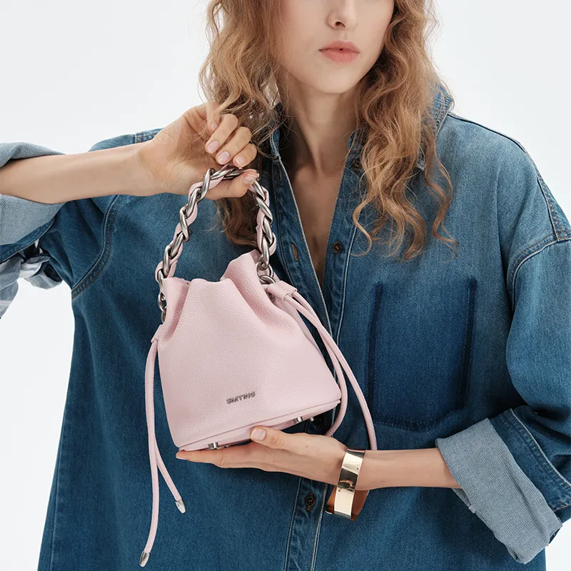Simedin Split Cow Leather Bucket Bag, Shoulder Bag, Handbag Regular Women's Haze Blue/Cherry Blossom Pink-12