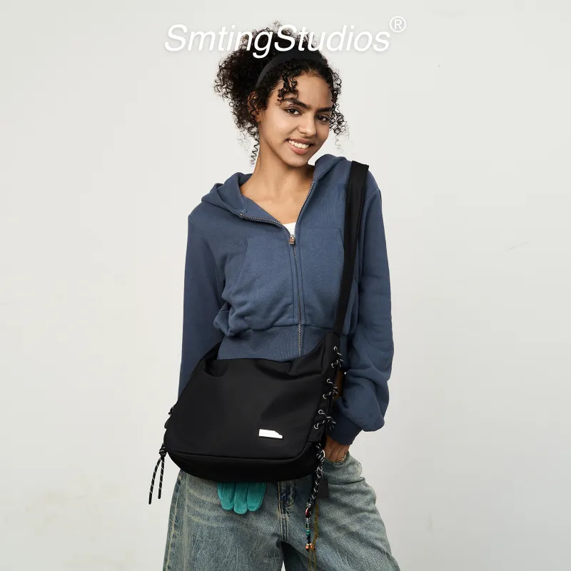 SMTING STUDIO Polyester Crossbody Bag Medium Size Unisex Deep Black/Oat-8