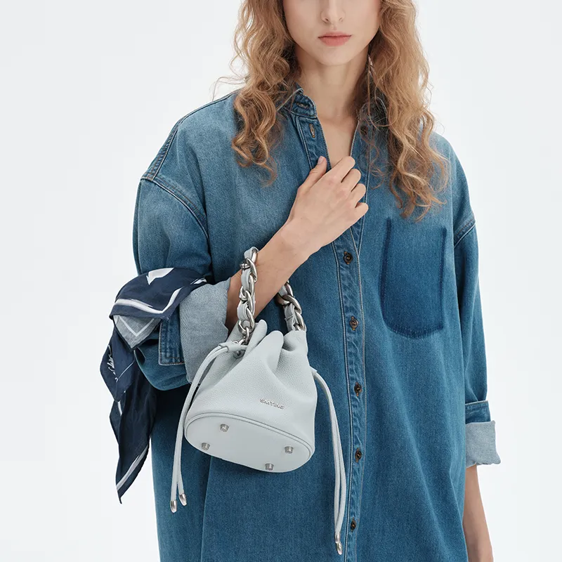 Simedin Split Cow Leather Bucket Bag, Shoulder Bag, Handbag Regular Women's Haze Blue/Cherry Blossom Pink-5