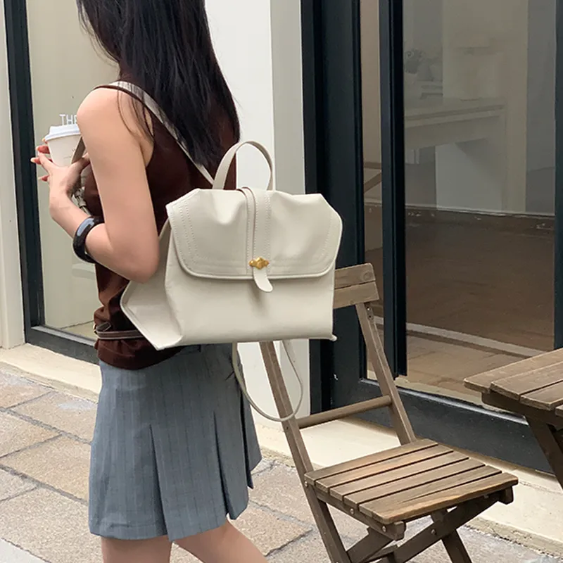 Simedin Cow Leather Backpack Medium Size Women's Deep Black/Ecru-9