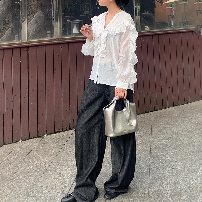 Simedin Cow Leather Bucket Bag Handbag Women's Antique Silver/Deep Black-9