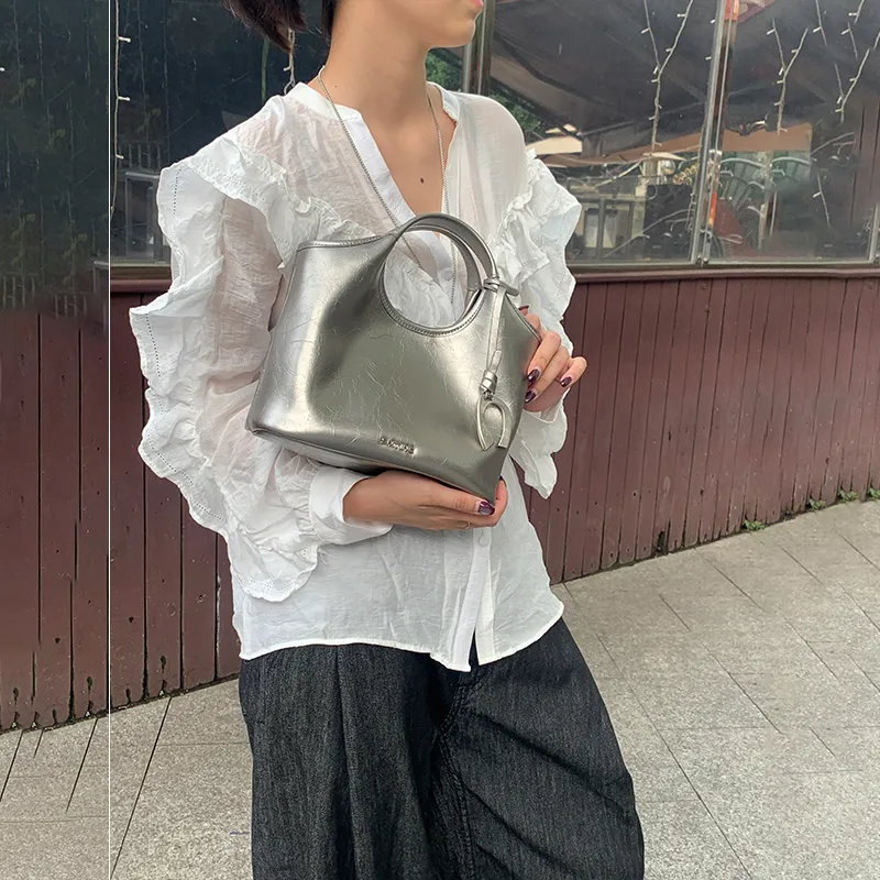 Simedin Cow Leather Bucket Bag Handbag Women's Antique Silver/Deep Black-8