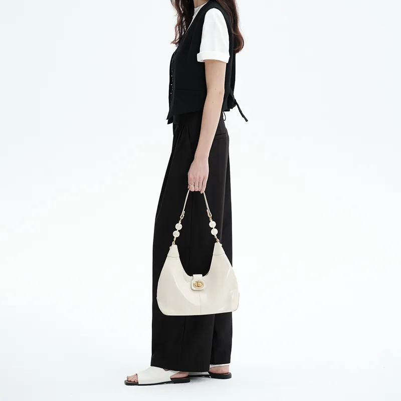 Simedin Split Cow Leather Shoulder Bag, Crossbody Bag, Handbag Women's Milk White/Deep Black-6