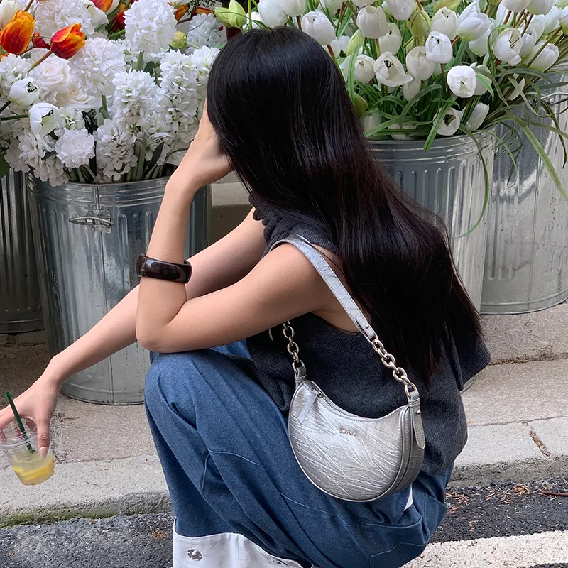 Simedin Cow Leather Crescent Bag Chain Crossbody Bag, Shoulder Bag Trumpets Women's Silver Gray/Deep Black-4