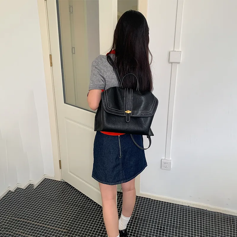 Simedin Cow Leather Backpack Medium Size Women's Deep Black/Ecru-4