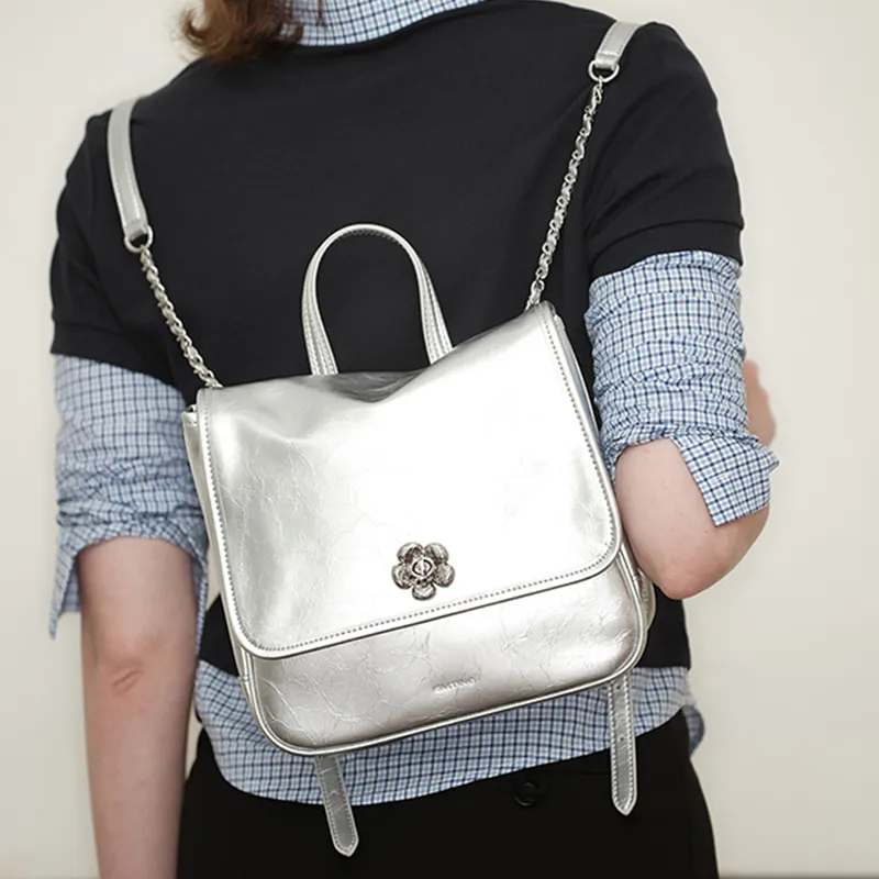 Simedin Cow Leather One Shoulder Backpack Medium Size Women's Laser Silver-4