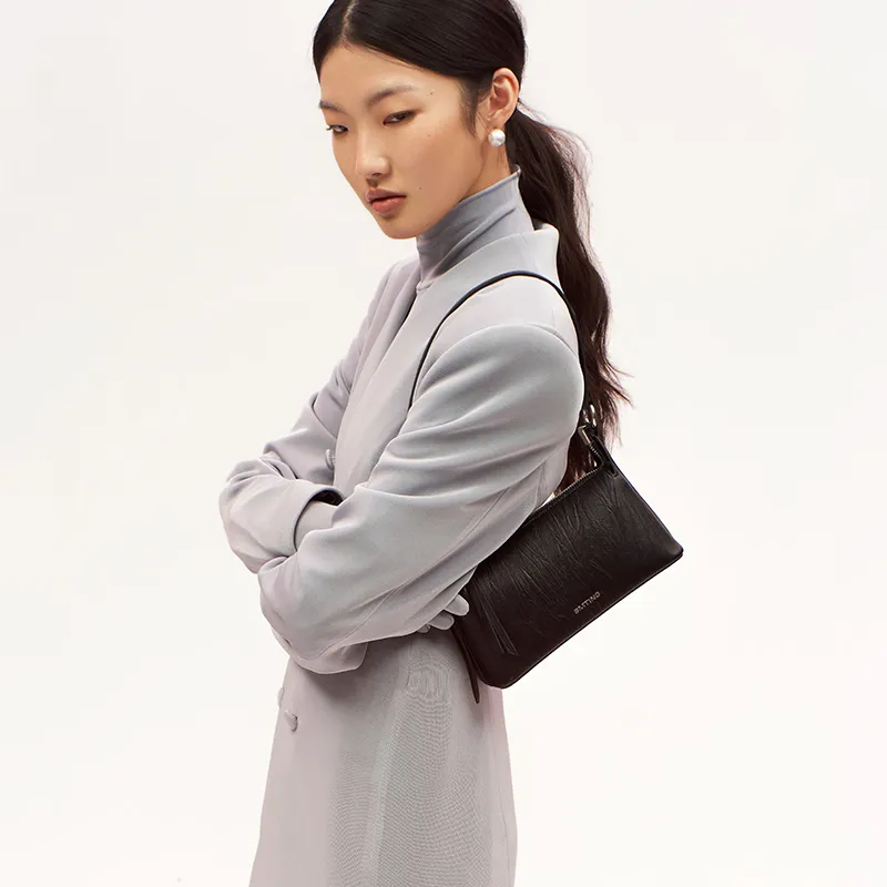 Simedin Cow Leather Crossbody Bag Small Square Baguette Bag Regular Small Size Women's Silver Gray/Deep Black-6