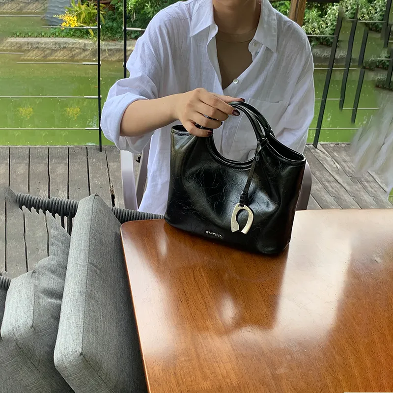 Simedin Cow Leather Bucket Bag Handbag Women's Antique Silver/Deep Black-3