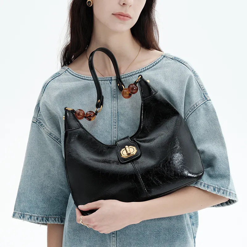 Simedin Split Cow Leather Shoulder Bag, Crossbody Bag, Handbag Women's Milk White/Deep Black-11