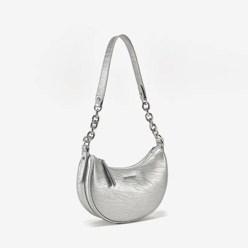 Simedin Cow Leather Crescent Bag Chain Crossbody Bag, Shoulder Bag Trumpets Women's Silver Gray/Deep Black-1