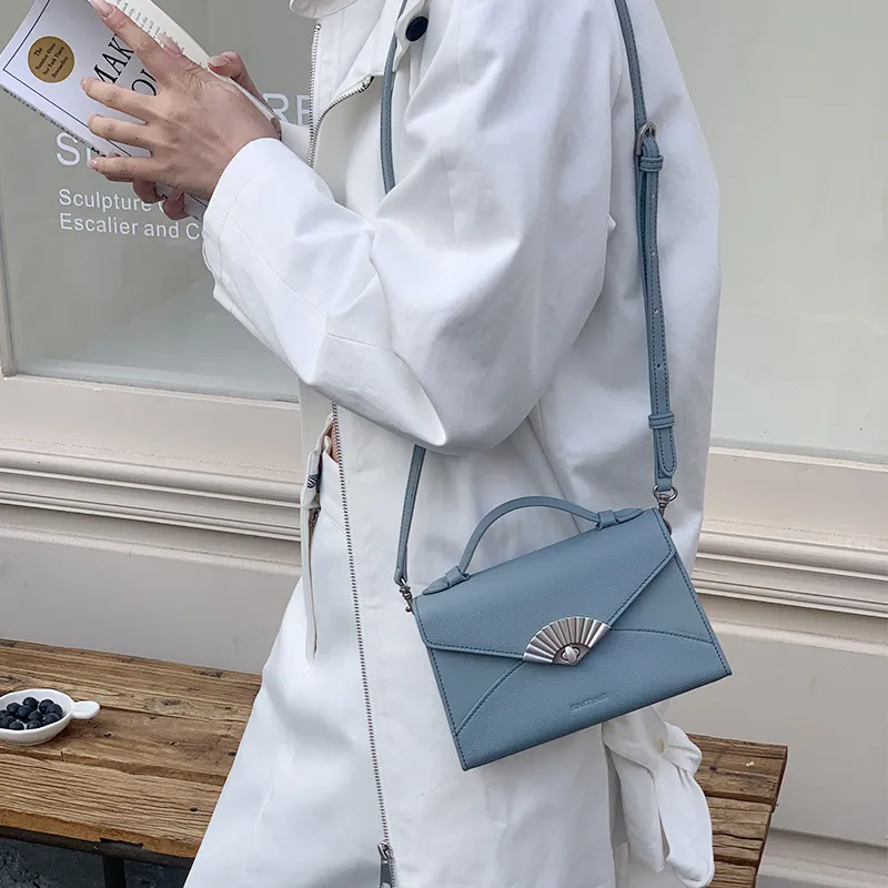 Simedin Cow Leather Shoulder Bag Crossbody Bag Handbag Small Size Women's Haze Blue/Ecru-2