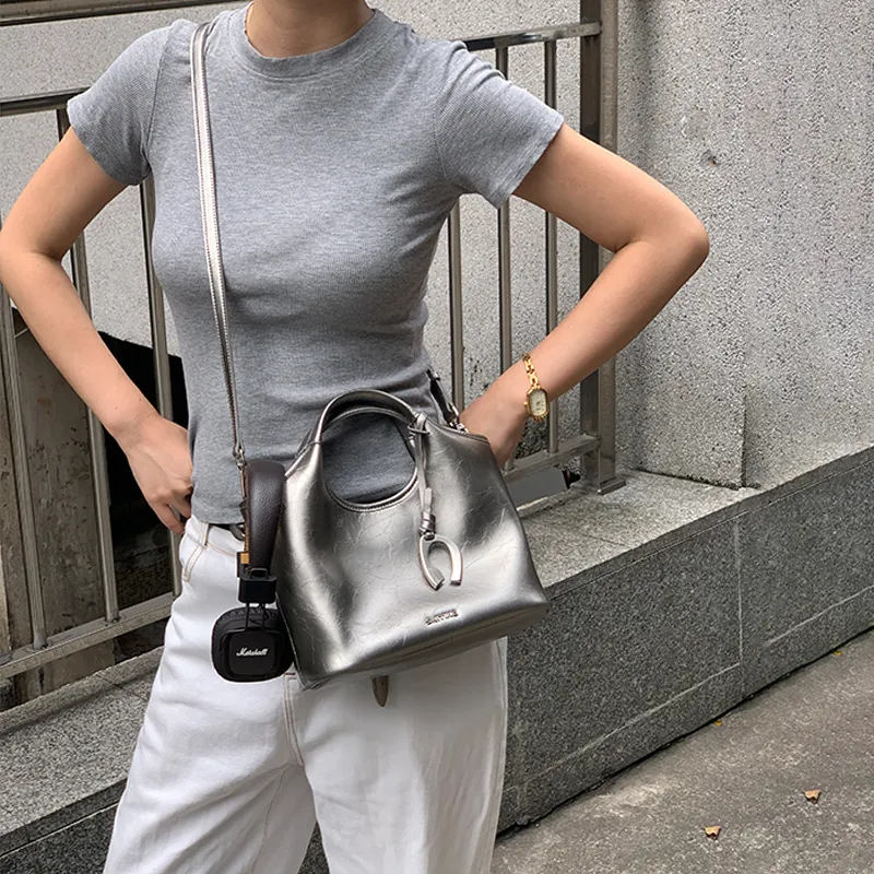 Simedin Cow Leather Bucket Bag Handbag Women's Antique Silver/Deep Black-10