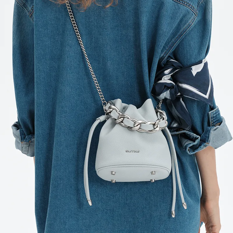 Simedin Split Cow Leather Bucket Bag, Shoulder Bag, Handbag Regular Women's Haze Blue/Cherry Blossom Pink-3