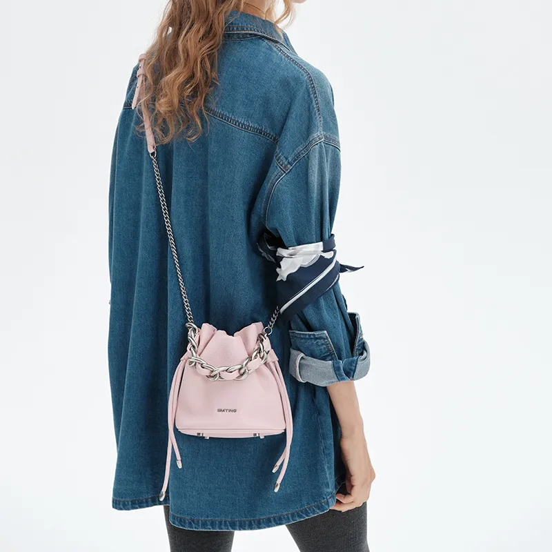 Simedin Split Cow Leather Bucket Bag, Shoulder Bag, Handbag Regular Women's Haze Blue/Cherry Blossom Pink-13