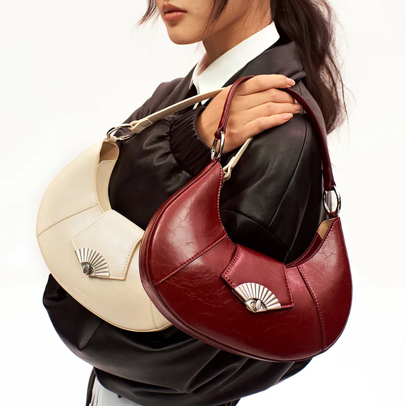 Simedin Cow Leather Commute Crescent Shoulder Bag Regular Women's Milk White/Deep Black/Ancora Red-2