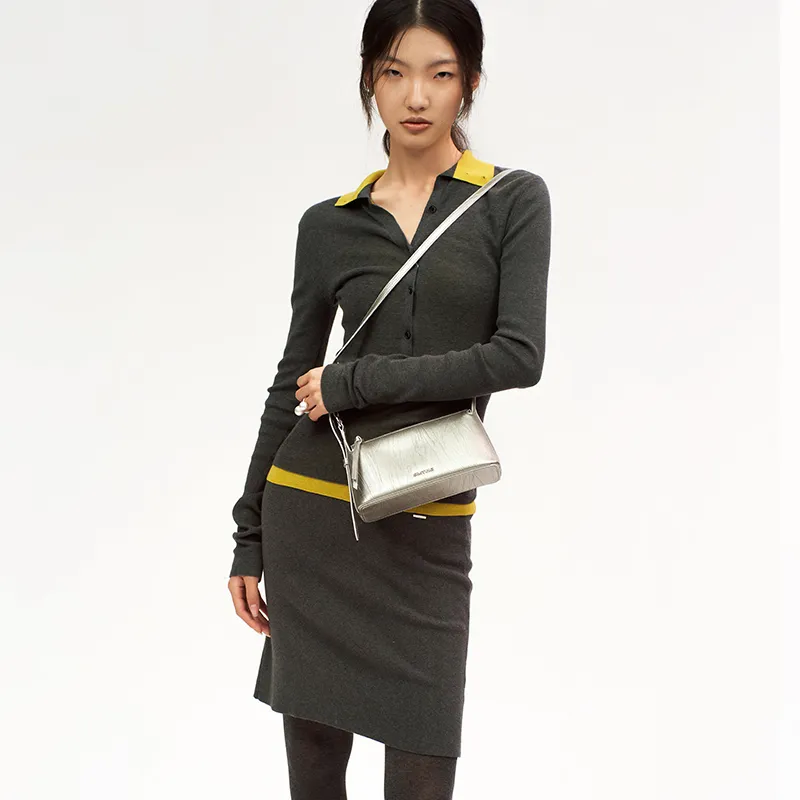 Simedin Cow Leather Crossbody Bag Small Square Baguette Bag Regular Small Size Women's Silver Gray/Deep Black-3