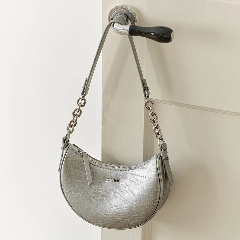 Simedin Cow Leather Crescent Bag Chain Crossbody Bag, Shoulder Bag Trumpets Women's Silver Gray/Deep Black-2