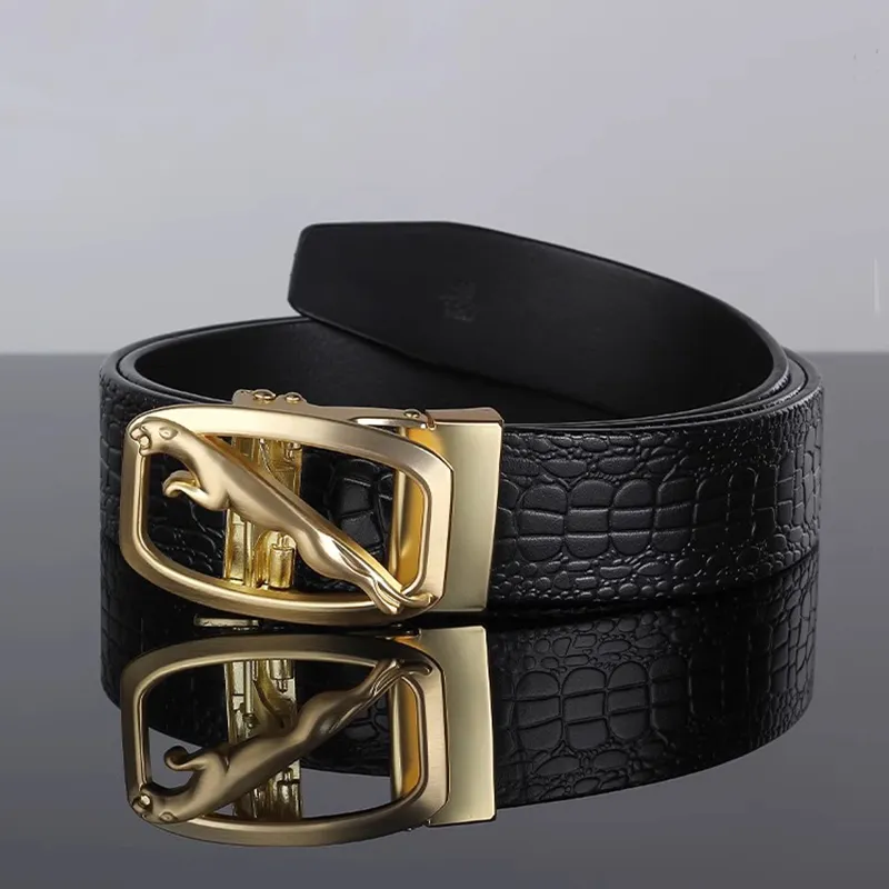 ROSEROOEN Top Grain Cow Leather Belts Men's Gold Crocodile Pattern 3.5cm-1