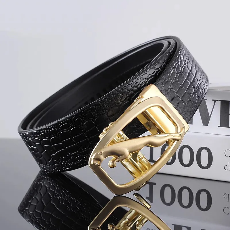 ROSEROOEN Top Grain Cow Leather Belts Men's Gold Crocodile Pattern 3.5cm-2