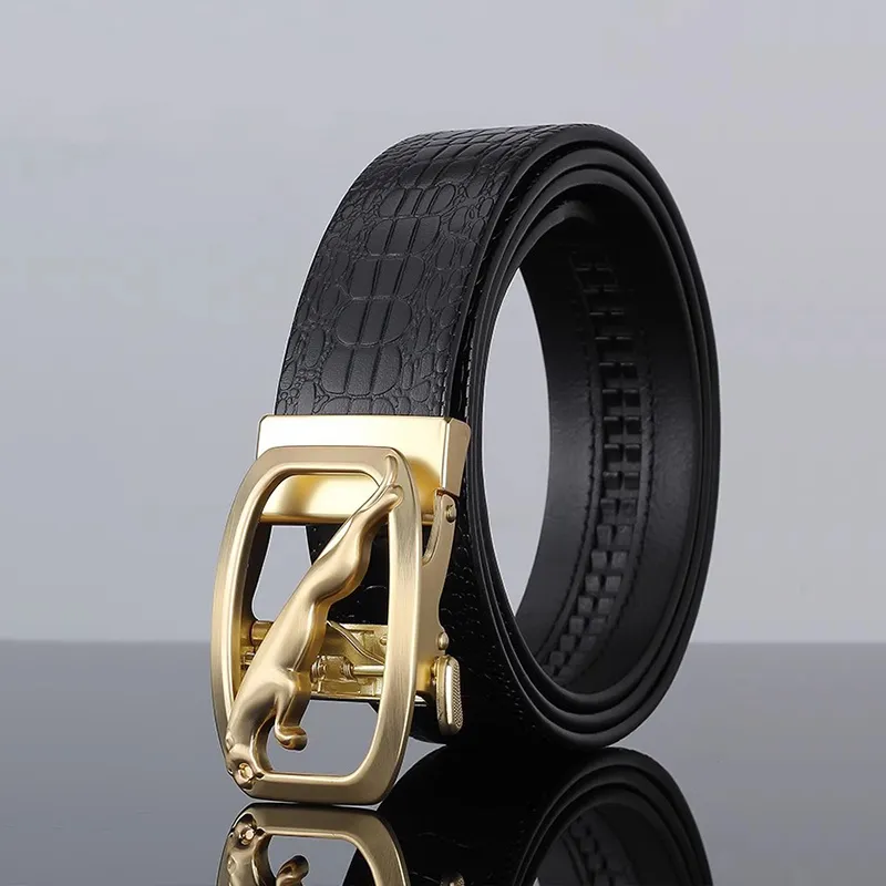 ROSEROOEN Top Grain Cow Leather Belts Men's Gold Crocodile Pattern 3.5cm-3