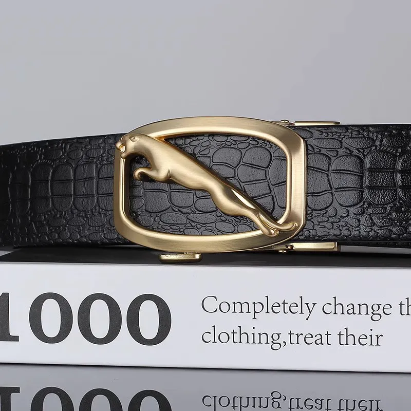 ROSEROOEN Top Grain Cow Leather Belts Men's Gold Crocodile Pattern 3.5cm-4