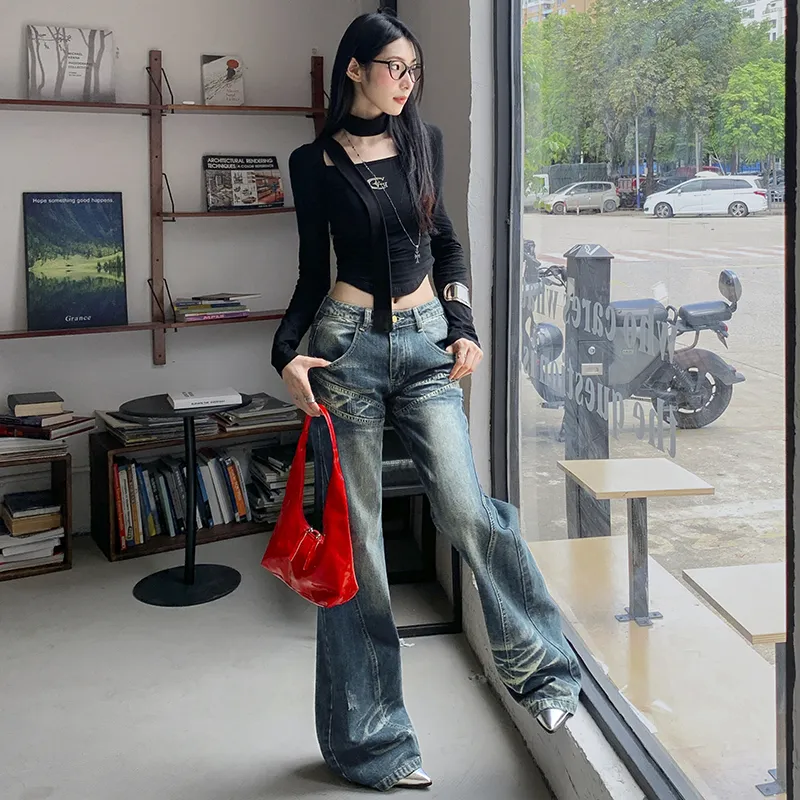 KUNZHUDAXIANG Jeans Women's Vintage Blue-11