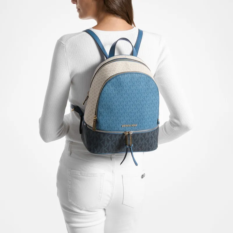 MICHAEL KORS Rhea Zip Artificial Leather Backpack Medium Size Women's Dark Blue & Vanilla White-4