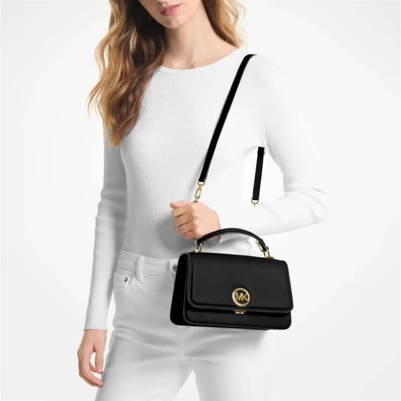 MICHAEL KORS Delancey Split Cow Leather Shoulder Bag, Crossbody Bag, Handbag Medium Size Women's Black-5
